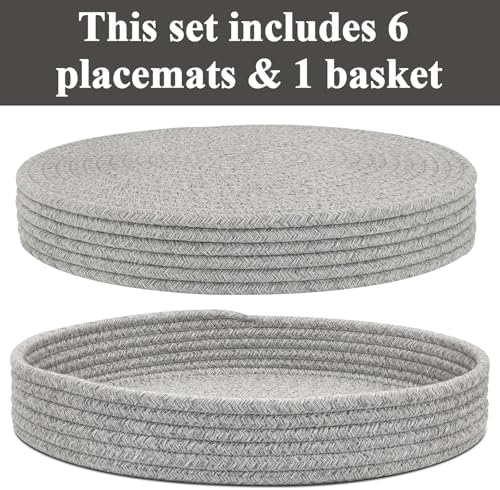 Round Placemats Set of 6 with Holder, Cotton Rope Woven Place Mats, Hot Pads for Kitchen, Heat Resistant Table Mats, 13 Inch Farmhouse Washable Braided Placemat for Kitchen Decor (Gray) - Image 2
