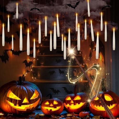 36 Pcs Remote Controlled Floating Magic Candles, Battery Operated Hanging Decor for Halloween Birthday Wedding Party, Includes Wand & Manual, Warm White Flickering LED for Spooky or Romantic Atmospher by Grcdoyvl
