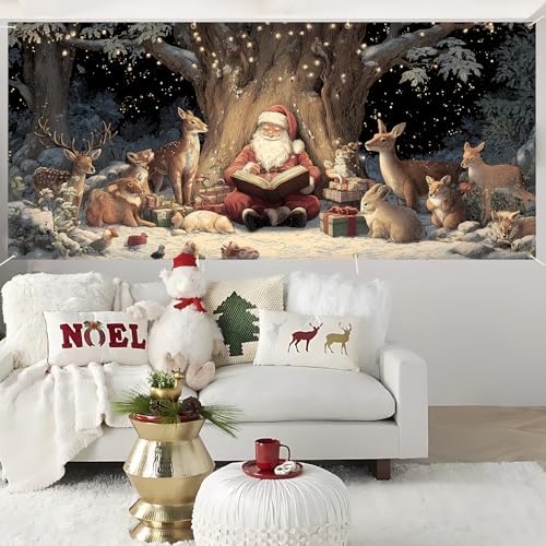 Santa Reading with Woodland Animals Garage Door Banner 6x13FT, Cozy Forest Winter Backdrop, Outdoor Holiday Banner, Garage door Mural for Xmas Party Home Decor - Image 5