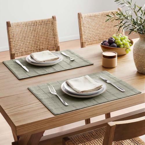 ZeeMart Linen Checked Farmhouse Placemats Set of 6, Seeding Green 13x19in - Image 2