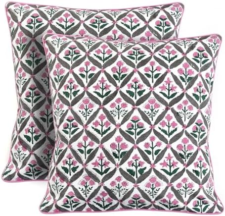 Ridhi Block Print Pink and White Pillow Cover 20" x 20" (Pack of 2) Decorative Couch Pillows for Living Room, Chic Boho Cute Outdoor Pillows Covers Gifts for Spring, Easter and Valentine by Ridhi