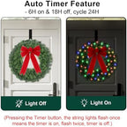 24in Pre Lit Christmas Wreath with Lights & Timer & Remote - 50 Multi-Colored LEDs, 8 Lighting Modes - Lighted Christmas Wreath with Hanger & Red Bow for Christmas Indoor Front Door Porch Decorations - Image 6