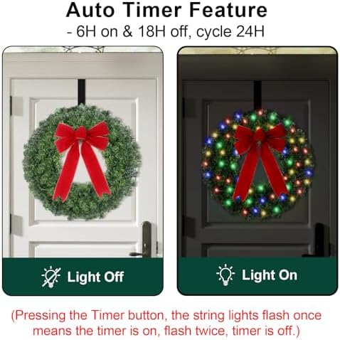 24in Pre Lit Christmas Wreath with Lights & Timer & Remote - 50 Multi-Colored LEDs, 8 Lighting Modes - Lighted Christmas Wreath with Hanger & Red Bow for Christmas Indoor Front Door Porch Decorations - Image 6