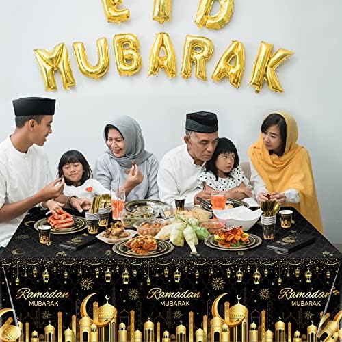 Ramadan Party Supplies Decorations for Home, Eid Ramadan Mubarak Banner Black and Gold Plates and Napkins Set, Disposable Paper Plates Napkins Banner Tablecloth for Ramadan Party Decorations, Serve 25 - Image 6