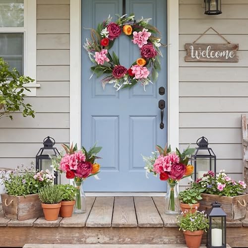 22in Faux Peony Spring Summer Wreath and Bouquets Set, Realistic Artificial Floral Door Wreath with Real Rattan Base, Includes 2 Matching Bouquets, Fake Flower for Spring Front Home, Mother's Day - Image 7