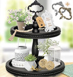 2 Tiered Tray Wooden Serving Stand by Felt Creative Home Goods. Small Beaded Tray for Home Decor Display Farmhouse Country Decoration Kitchen or Dining. Includes 3 Finial Custom Handles (Black) by FeltCreativeHomeGoods