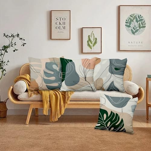 Abstract Leaves Throw Pillow Covers 24''x24'' Set of 4, Geometric Pattern Cushion Covers Minimalist Tropical Palm Trees Pillowcases for Couch Sofa Bedroom Farmhouse Livingroom Garden Patio - Image 3