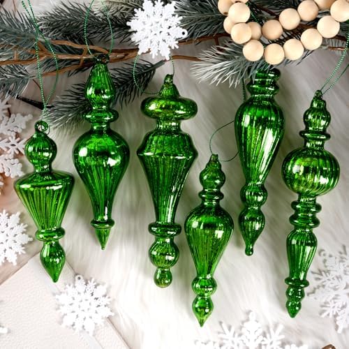 Mercury Glass Christmas Ornaments, Vintage Finial Decorations, Green, 6-Pc by OuMuaMua