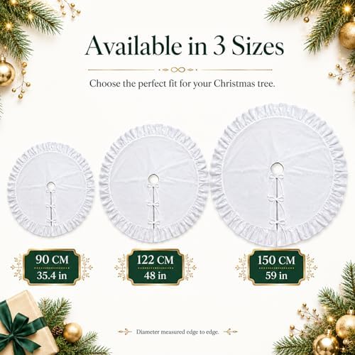 Velvet Christmas Tree Skirt, 60 Inches White Ruffled Velvet Christmas Tree Skirt,Rustic Vintage Xmas Tree Skirt for Party Decorations - Image 3