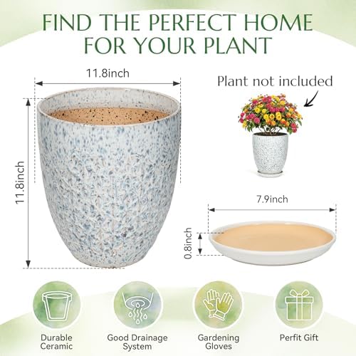 11.8 Inch Flower Pots for Indoor Plants,Ceramic Planter with Saucer Drainage Leak-Proof Mesh Gardening Gloves (Spotted Blue) - Image 6
