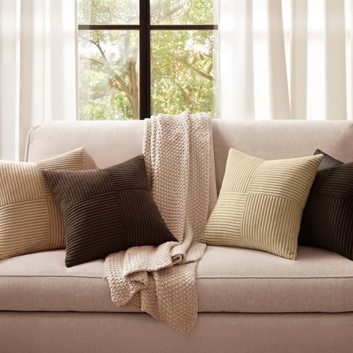 MIULEE Boho Decorative Throw Pillow Covers 20x20 Set of 4 Farmhouse Neutral Cushion Cases Gradient Corduroy Pillow Cases Modern Soft Corduroy Patchwork Home Decor for Couch Sofa Bedroom Dark Brown - Image 2