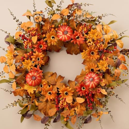 Artificial Fall Wreath 22 Inch Fall Wreaths for Front Door with Orange Pumpkins Berries Daisies Eucalyptus Leaves Autumn Door Wreaths for Thanksgiving Harvest Festival Wall Porch Farmhouse - Image 7