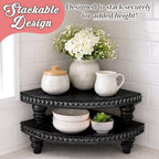 Corner Pedestal Stand Rustic Decor Riser for Display - Farmhouse Wood Rounded Beaded Tray for Kitchen and Bathroom Countertop Organizer, Coffee Bar, Plant Stand with Removable Feet (Rustic Black) - Image 5