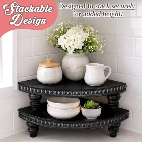 Corner Pedestal Stand Rustic Decor Riser for Display - Farmhouse Wood Rounded Beaded Tray for Kitchen and Bathroom Countertop Organizer, Coffee Bar, Plant Stand with Removable Feet (Rustic Black) - Image 5