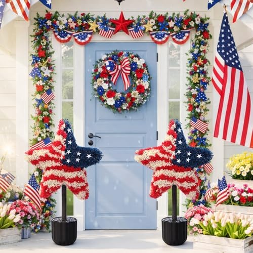 Sureio 2 Pack Veterans Day Porch Decor, 25.6 Inch Star Topiary Trees - Image 5