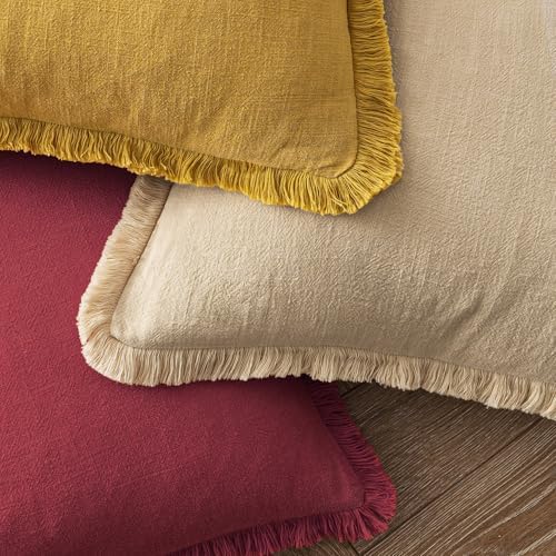 MIULEE Boho Linen Fringe Decorative Throw Pillow Covers Burgundy 18x18 - Image 4