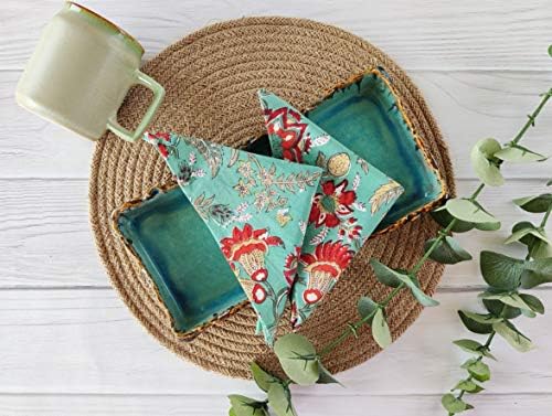Cotton Print Dinner Napkins 18x18 inches - Washable Cloth Napkins Set of 6 - Everyday Use or Dinner Party & Events - Teal Green Indian Block Printed Soft Fabric by Craftbot - Image 2