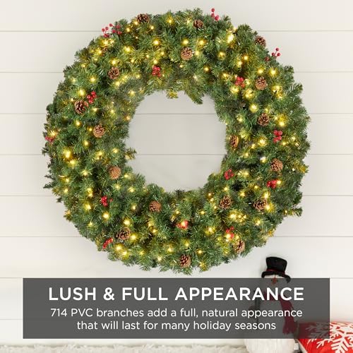 Best Choice Products 48in Pre-Lit Christmas Wreath w/Berries & Pinecones, Large Artificial Indoor/Outdoor Decor for Door, Mantel, Plug-in - Image 6