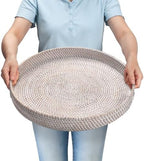 16.9 inch Round Rattan Tray, Woven Large Serving Tray with Handles, Wicker Serving Basket, Coffee Table Decor for Living Room, Whitewash by YANGQIHOME