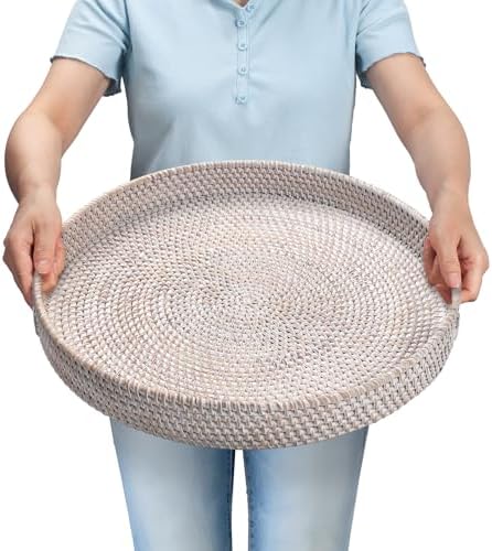 16.9 inch Round Rattan Tray, Woven Large Serving Tray with Handles, Wicker Serving Basket, Coffee Table Decor for Living Room, Whitewash by YANGQIHOME