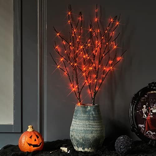 Fudios Halloween Lighted Branches with Timer 100 LED Orange Fairy Lights 32IN, Black Tree Branch Lights Battery Operated for Home Party Mantle Decoration by Fudios