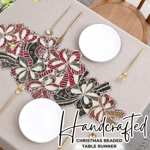 CLEENTABLE Christmas Beaded Table Runner, Red & White, 13x36 - Image 5