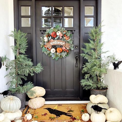 22 Inch Fall Pumpkin Wreath for Front Door with Welcome Wood Sign, White Orange Pumpkin Pinecone Acorn Wreath for Indoor and Outdoor, Autumn Door Decor - Image 5