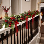 6FT Norfolk Pine Christmas Garland with Artificial Eucalyptus, Red Bow Berries Balls, Realistic Artificial Cedar for Holiday Mantel, Table, Fireplace, Indoor Xmas Decor - Image 4