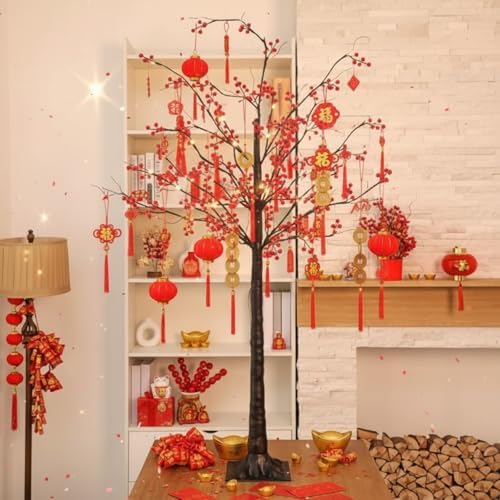Aurelema 5 ft Lunar New Year Tree 80 LED, Red Lighted Tree with Lanterns by Aurelema