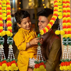 11PCS Diwali Decorations Marigold Garland for Home, Artificial Marigold with Bells and Leaves Long Strands for India Wedding, Pooja Decor, Marigold Flowers for All Year Decoration - Image 7