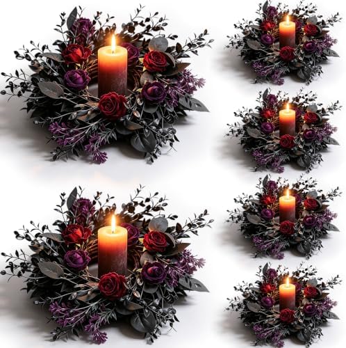6 Pcs Gothic Black Rose Halloween Mini Candle Ring Wreaths Burgundy Red Dark Purple Rose with Black Foliage Twig Artificial Pillar Candle Holder Wreath for Spooky Dark Romantic Cabinet Table Porch by Unknown