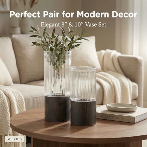 Ribbed Glass Flower Vase Set of 2 with Dark Wood Bases, 10 and 8 Inch Tall - Image 2