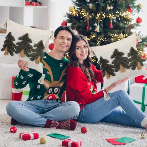 Mixweer 2 Pack Green Tufted Christmas Tree Pillow Covers 20 x 20 Inch Farmhouse Winter Throw Pillowcases with Tassels Green Tree Decorative Cushion Covers for Sofa Couch Holiday Party Home Decor - Image 5