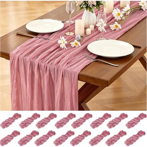 16 Pack Dusty Rose Cheesecloth Table Runner 10FT, Boho Gauze Cheese Cloth Table Runner Long Rustic Sheer Dusty Pink Table Runners for Wedding Bridal Baby Shower Birthday Party Table Decorations by Zrlljp