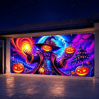 7x16ft Blacklight Halloween Garage Door Banner Decorations, Glow in The Dark Evil Pumpkin Wizard Castle Large Garage Door Cover Background, UV Reactive Halloween Outdoor Wall Backdrop Party Supplies - Image 4