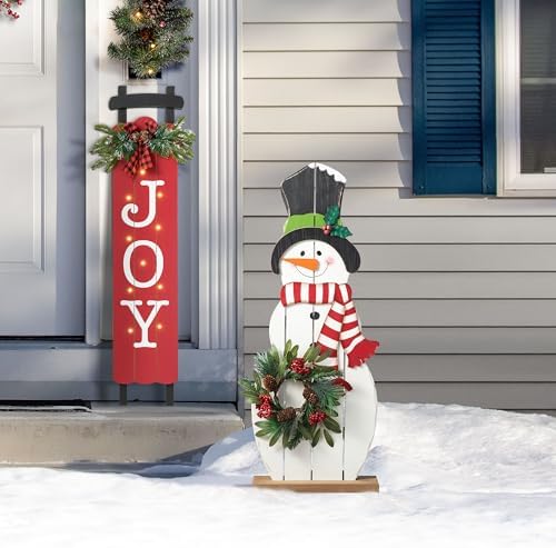 Glitzhome 36" H Wood Metal Christmas Snowman Porch Décor with Floral Wreath Standing Snowman Merry Christmas Porch Welcome Sign Holiday Party Outdoor Indoor Xmas Decorations - Image 7