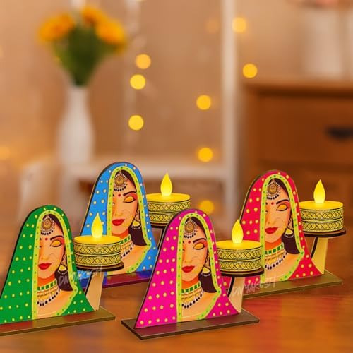 Divyakosh Traditional Rajasthani Lady Face Tea Light Candle Holder Set – Multicolor Wooden Decorative Diyas for Home, Festive Decor & Gifts (Set of 4) by Divyakosh