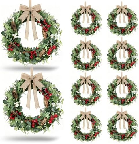 8 PCS Christmas Mini Cabinet Wreath for Kitchen with Ribbon Artificial Eucalyptus Cedar Hanging Garland with Red Whilt Berries Pine Cones for Swag Table Centerpiece Door Window Chair Wall Winter Decor by Unknown