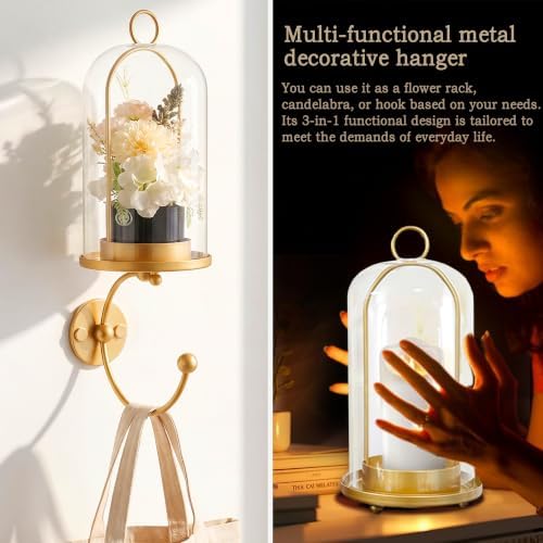 Metal Wall Hurricane Glass Candle Sconce Holder for Pillar Candle & Plant, Modern Farmhouse Decor Candle Lantern with Hand Towel Rack (Gold) - Image 3