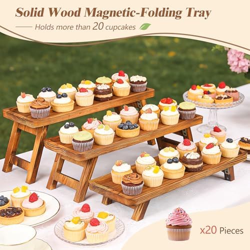 Wisreach 3 Tier Wooden Serving Tray Stand, Foldable Tiered Dessert Display Set for Party, Wedding, Birthday, Christmas, Rustic Charcuterie Boards Table Decor - Image 3