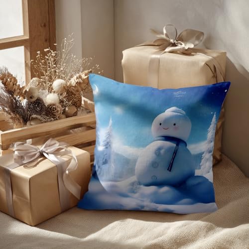 Batmerry Snowman Blue Scarf Throw Pillow Covers, Moon Snowflakes Pine Sun Decorative Pillow Covers Digital Printing Blended for Couch Sofa Bed Invisible Zipper 24X24 in(Set of 2) - Image 2