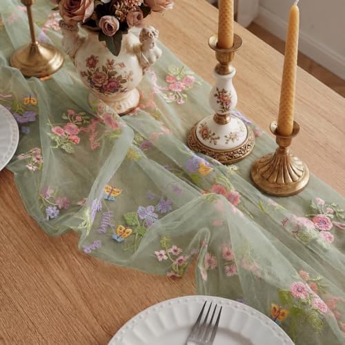 Sage Green Floral Table Runner 10ft Embroidery Tulle Spring Wildflower Gauze Table Runner Seasonal Summer Butterfly Kitchen Dining Decoration for Wedding Baby Shower Birthday Party (6 Pcs) - Image 2