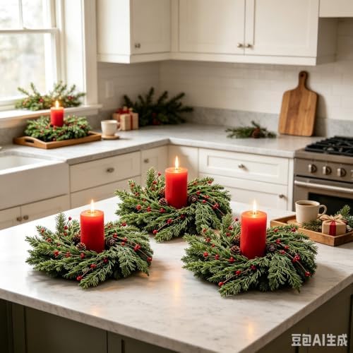 6 Pcs Small 4th of July Candle Ring Wreath with Red Blue White Daisy Artificial Hydrangea Flowers Mini Independence Day Candle Holder Wreath (6, Mini Red Berries) - Image 4