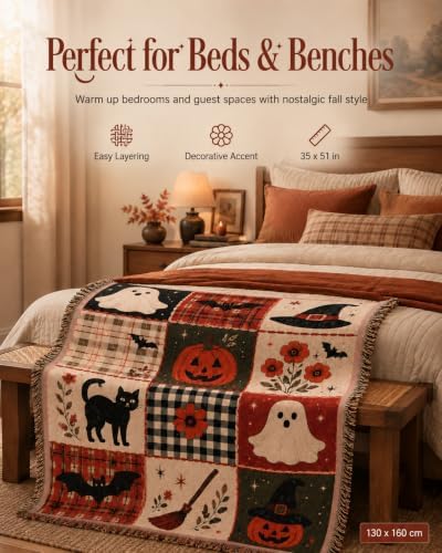 Halloween Tapestry Throw Blanket, Vintage Patchwork Woven Fringe Wall Decor (1set-130 * 160cm(51 * 63in)) - Image 7