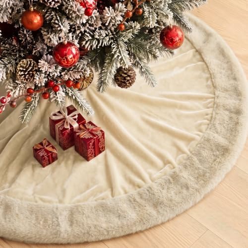 Skylety 48" Velvet Christmas Tree Skirt with Faux Fur Trim,Khaki by Skylety