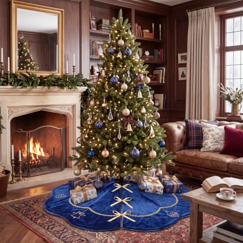 Blueweenly Navy Blue Velvet Christmas Tree Skirt 48 in Vintage Tree Skirt - Image 4