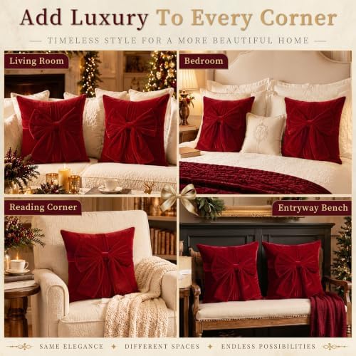 Frienda 4 Pcs Christmas Throw Pillows Cover 20"x20" Burgundy Velvet Bow - Image 5