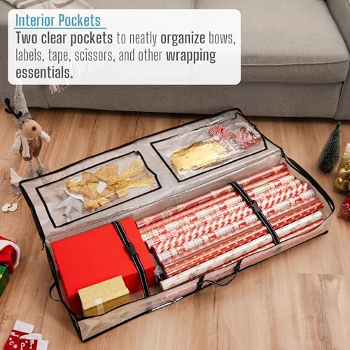 VENO 2 Pack Clear Wrapping Paper Organizer Storage Box for Christmas Gift Bags and Holiday Accessories, Underbed Storage Container with Interior Pockets, 40 Inches Long Fits 24 Rolls (2 Pack) - Image 4