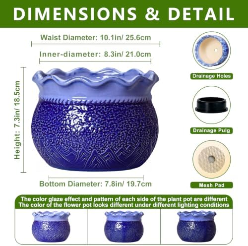 Ceramic Pots for Plants 10 Inch, Ceramic Flower Pots Indoor, Blue - Image 2