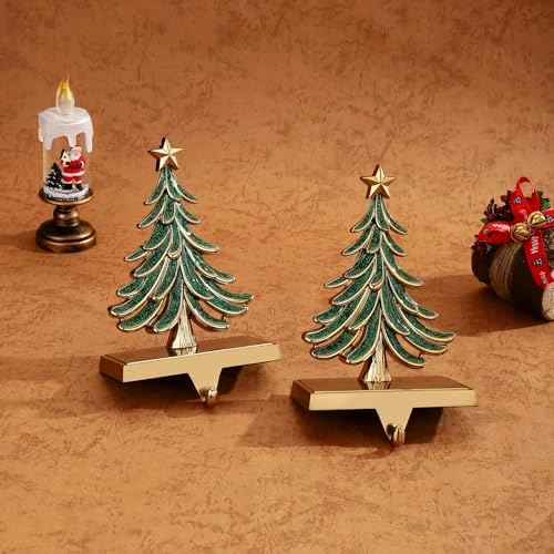 Christmas Stocking Holders for Mantle Glitter Green Xmas Tree Antique Gold Stocking Holder for Fireplace Xmas Stocking Hooks Weighted Hangers Holiday Christmas Decorations Supplies (Antique Tree) - Image 6